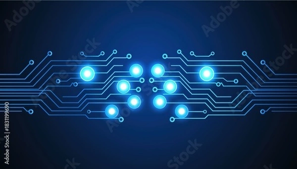 Fototapeta Futuristic digital circuit board with glowing blue connections and technology symbols
