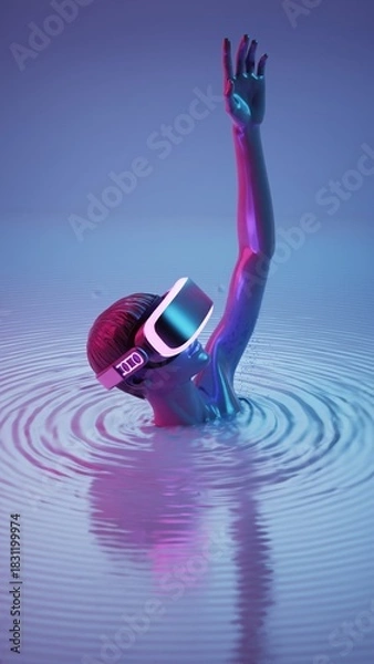 Fototapeta Futuristic virtual reality experience: person immersed in water wearing vr headset with vibrant colors