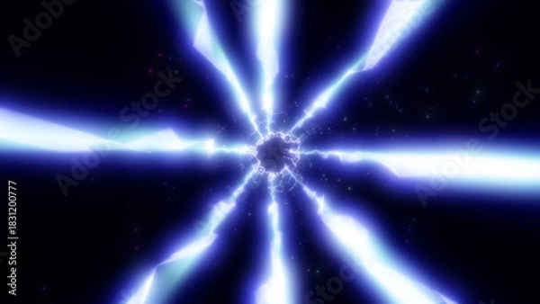 Fototapeta Intense blue-white lightning burst radiating from a central core in deep space, isolated on white background