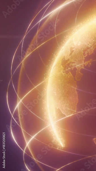 Fototapeta Golden digital globe with glowing network lines connecting across continents, symbolizing global data communication