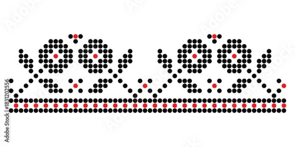Fototapeta Dotted floral motif with small black flowers and red details in repeating border style ornament pattern