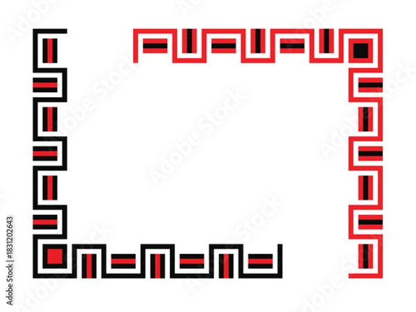 Fototapeta Geometric corner border ornament in red and black, Ukrainian embroidery pattern. Clean square pattern for frames, design decor