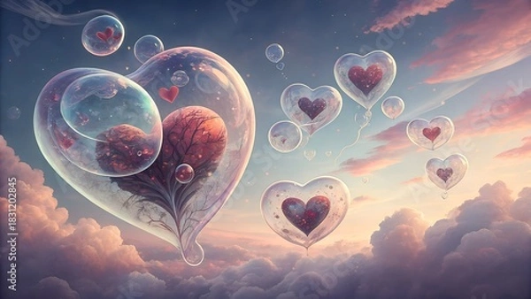 Obraz Classic Valentine's Day romance. Bubble heart balloons with dreamy atmosphere and floating clouds in pastel colors