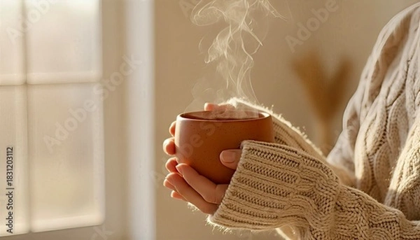 Obraz Cozy Hands Holding Steaming Mug Warm Comfort Scene