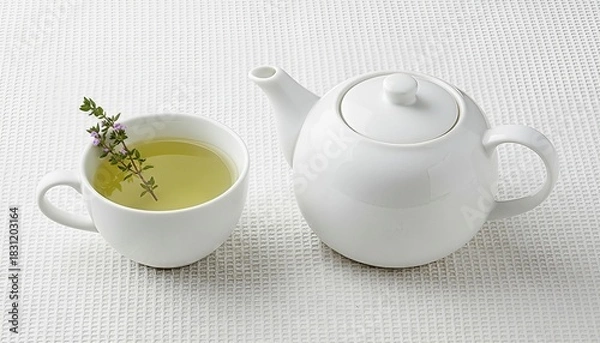 Obraz White Teapot With Green Tea Calm Minimal Cozy Scene