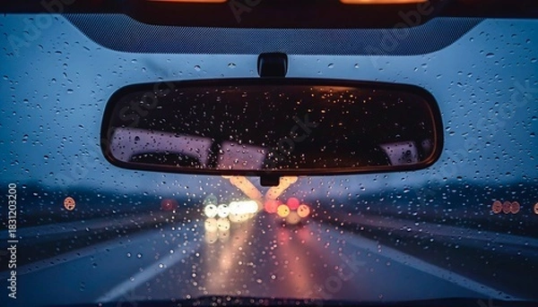 Obraz Rainy Car Mirror Lights Bokeh Moody Urban Night Scene
