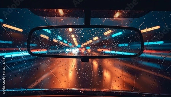 Obraz Rainy Car Mirror Bokeh Lights Moody Urban Night Scene
