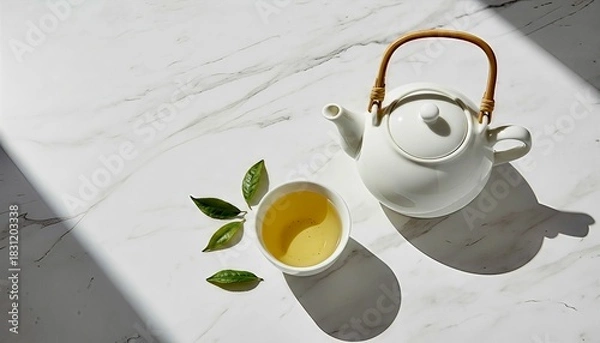Obraz Minimal White Tea Set With Green Leaves And Shadows