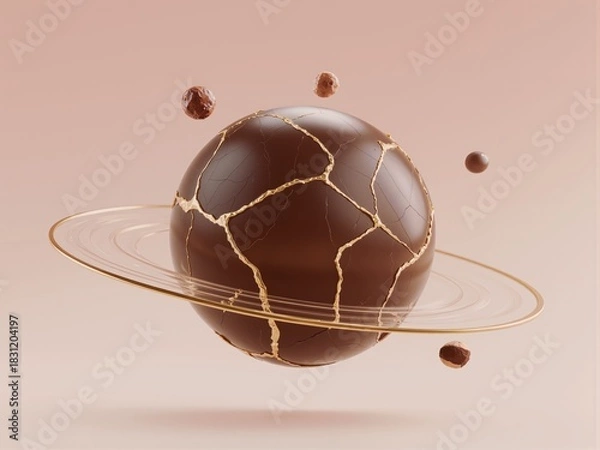 Fototapeta Golden Fractured Chocolate Planet with Translucent Rings