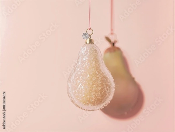 Fototapeta Sparkling Pear Ornament with Festive Pink Backdrop