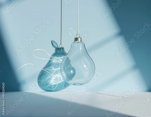 Fototapeta Minimalist Winter Decor Two Pear Ornaments Against Blue Light