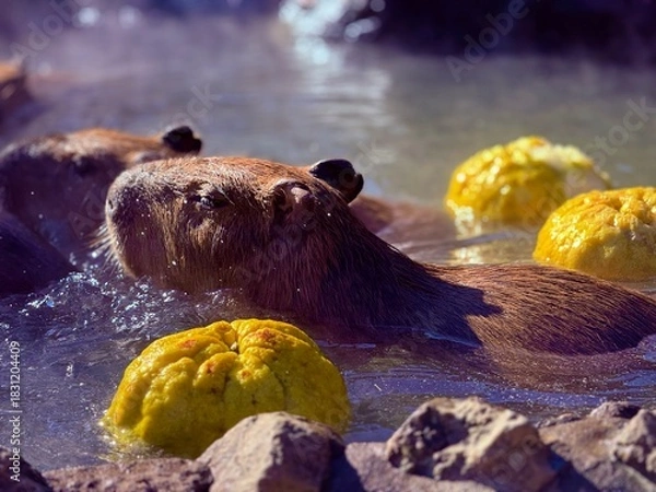 Obraz 温泉で温まるカピバラ