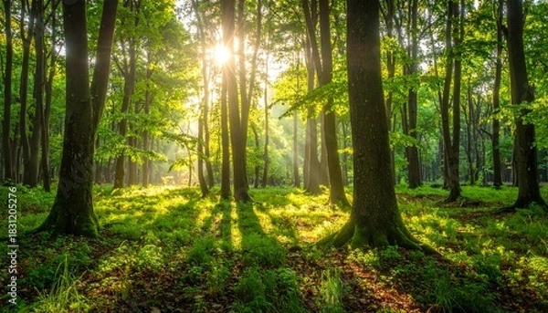 Obraz Forest sunlight shining through trees.