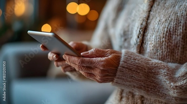 Obraz Elderly woman using smartphone indoors