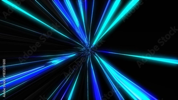 Fototapeta A tunnel flying at the speed of light from multi-colored blue and white moving light strips and energy beams. Abstract background