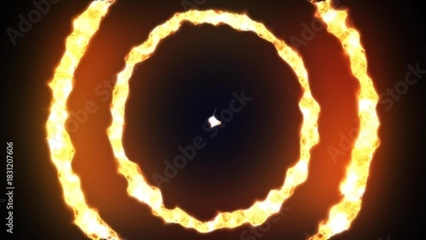 Fototapeta Abstract background looped circles tunnel of flying yellow orange fiery rings of energy plasma with glow effect shiny bright beautiful futuristic natural