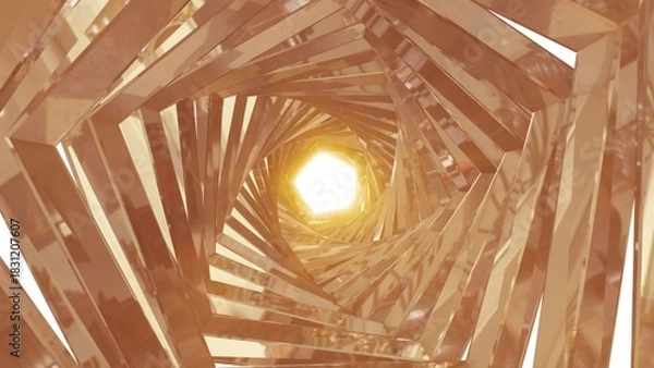 Fototapeta A rotating golden metal tunnel with walls made of ribs and lines in the form of pentagons with reflections of luminous sunbeams. Abstract background