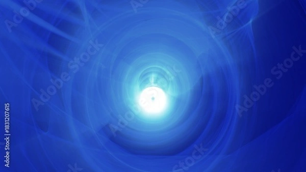 Fototapeta A tunnel flying at the speed of light from multi-colored blue and white moving light strips and energy beams. Abstract background