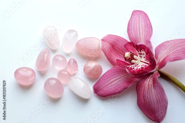 Fototapeta Natural rose quartz stones and a pink cymbidium orchid flower on a white background. Healing crystals.