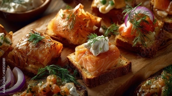 Obraz Elegant Salmon Hors D'Oeuvres on Toasted Bread with Cheese, Perfect Snack for Dinner Events