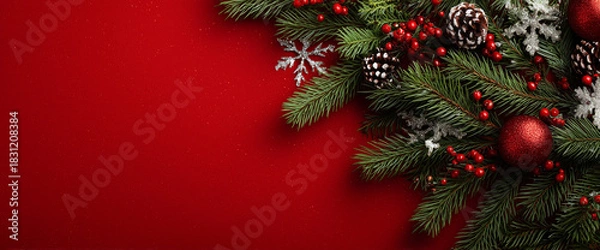 Obraz Christmas Background with Fir Branches and Christmas  Ornaments