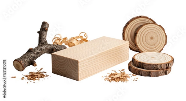 Fototapeta Woodworking Materials on Transparent Background: Wood Block, Slices, Twig, Shavings, for Crafting