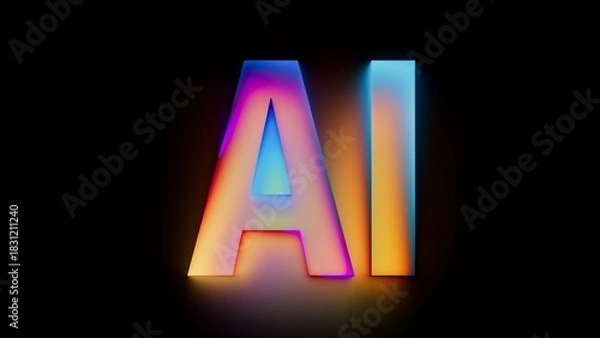 Obraz Neon AI shines in rainbow gradient. Futuristic, creative style fit for tech, artificial intelligence, and start up ads. 3D render effect.