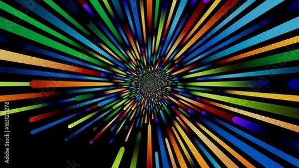 Obraz Radiant burst of neon beams in rainbow colors on black background. Energetic abstract light explosion with dynamic motion. 3D render illustration.