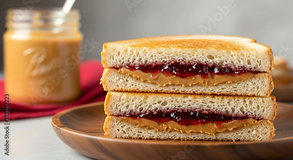 Obraz Classic stacked peanut butter and jelly sandwiches on a wooden plate