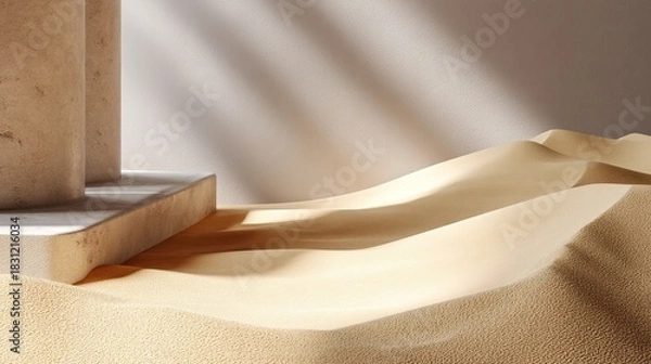 Fototapeta Abstract Representation of Sand Dunes with Architectural Element in Soft Neutral Tones