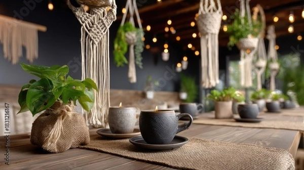 Fototapeta Tranquil Indoor Setting with Candles, Plants, and Ambient Lighting for Relaxation and Meditation