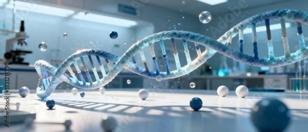 Fototapeta Glowing Blue DNA Double Helix in Modern Lab