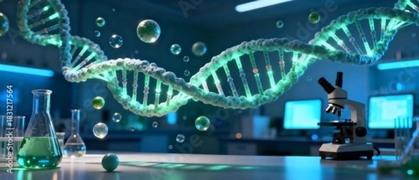 Fototapeta Futuristic Lab with Glowing DNA Helix