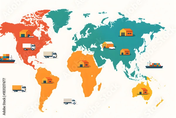 Obraz Flat colorful world map with trucks, warehouses and cargo ships illustrating global logistics network, supply chain distribution routes and international freight transportation
