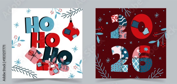 Obraz Festive holiday illustration set featuring patchwork “Ho Ho Ho” lettering and decorative 2026 numbers with winter branches, berries and ornaments. Modern Christmas and New Year design for seasonal car
