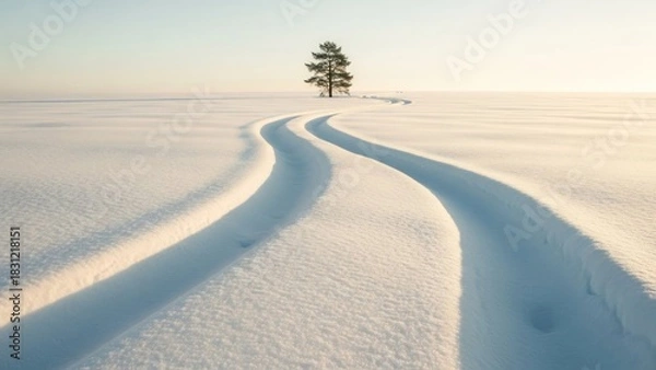 Fototapeta Winters Path - A Solitary Tree in a Snowy Landscape.