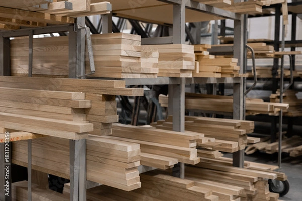 Fototapeta Stacked lumber fills a warehouse, showcasing a neat and orderly arrangement. Concept of resourcefulness, construction, or sustainable forestry is conveyed.