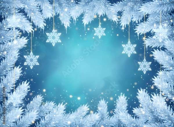 Obraz Frosty winter background with icy blue pine branches and delicate snowflake ornaments forming a festive frame. Sparkling snowfall and soft bokeh create a serene seasonal holiday atmosphere