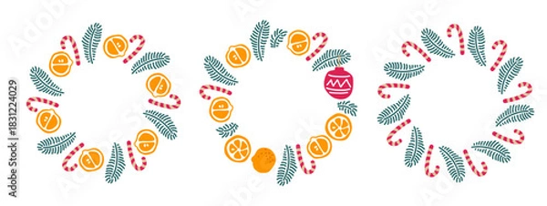Fototapeta Christmas frame, wreath with Mandarins, spruce twigs, candy canes. Christmas decorative frames of festive elements. Round frame set with copy space. Color vector in doodle style isolated on white