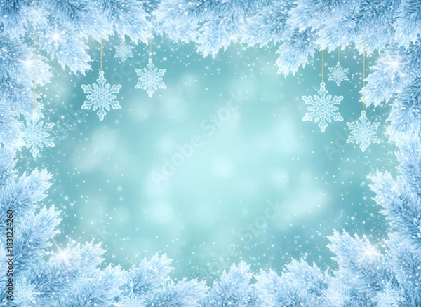 Obraz Frosty winter background with icy blue pine branches and delicate snowflake ornaments forming a festive frame. Sparkling snowfall and soft bokeh create a serene seasonal holiday atmosphere