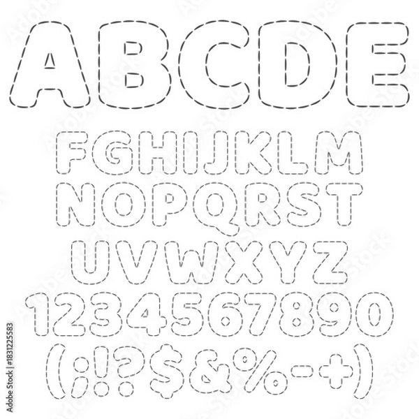 Fototapeta Font, alphabet from thread stitches. Isolated vector objects on white background.