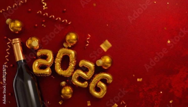 Obraz Golden 2026 balloons and confetti and champagne on a festive background