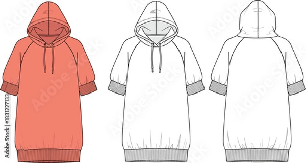 Obraz Hooded sweatshirt dress technical flat sketch with short puff sleeves ribbed hem and drawstring hood, casual fashion apparel template, cad drawing flat vector illustration