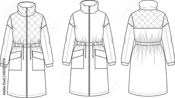 Fototapeta Quilted long jacket technical flat sketch with high collar drawstring waist and utility pockets, fashion apparel template for designers, cad drawing flat vector illustration