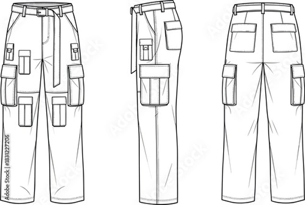 Fototapeta Multi-pocket cargo pants technical flat sketch with utility details and belt design, fashion apparel template for designers, cad drawing flat vector illustration