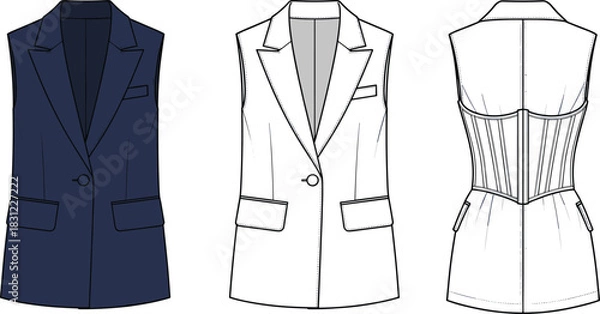 Fototapeta Sleeveless blazer vest technical flat sketch with tailored details and corset back design, fashion apparel template, cad drawing flat vector illustration