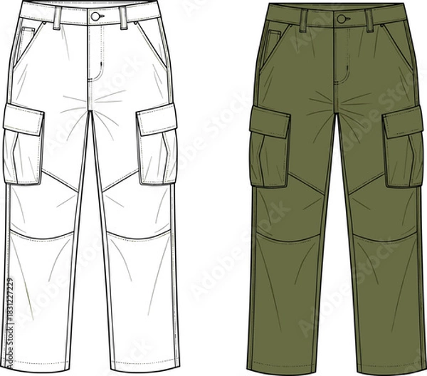 Fototapeta Cargo pants technical flat sketch with detailed pockets and stitching lines, fashion template for apparel design, cad drawing flat vector illustration