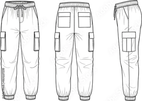 Fototapeta Cargo jogger pants technical fashion sketch with detailed pockets, elastic waistband, stitching lines, apparel template, cad drawing flat vector illustration