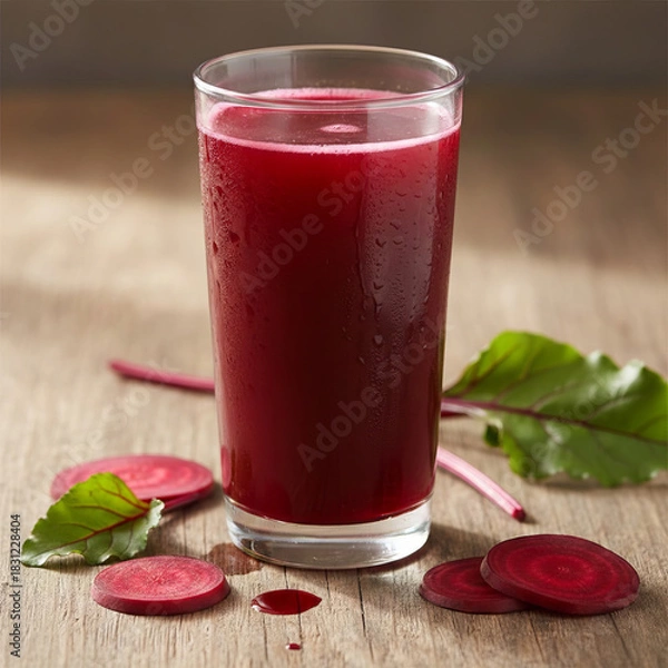 Fototapeta Fresh beetroot juice in a glass on wooden table with sliced beets and leaves. Healthy natural drink, rustic clean food photography.