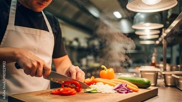 Obraz Other vegetables like carrots, zucchini, onions, and an orange bell pepper are also on the board, and steam is rising near the brightly lit prep area.